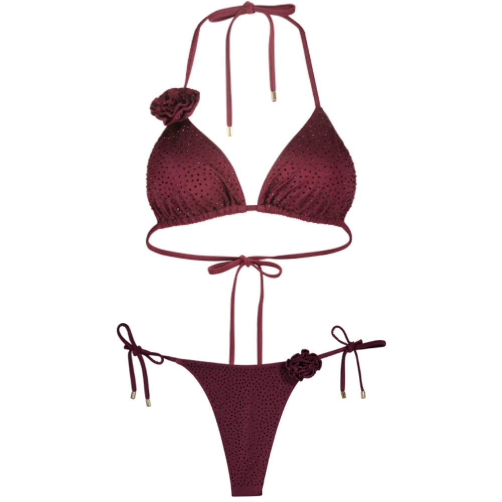 Crystal Rhinestone Brazilian Runched Burgundy Bikini Set with rosette